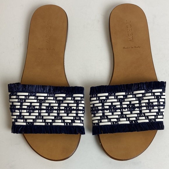 J. Crew Navy and White Raffia Slide Sandals Size 8 Made in Italy Vacation Boho - Picture 4 of 16